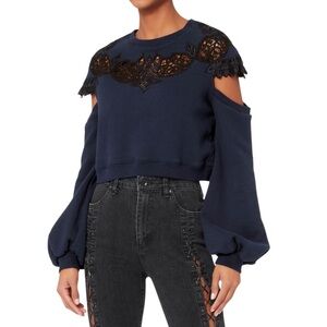 Jonathan Simkhai Lace Appliqué Drop Sleeve Cropped Sweatshirt